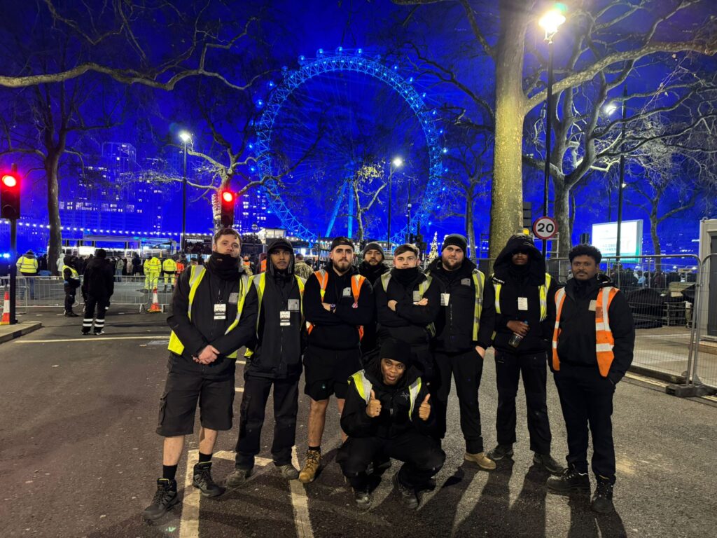 Group crew photo in front of the London Eye